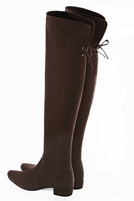 Dark brown women's leather thigh-high boots. Round toe. Low block heels. Made to measure. Rear view - Florence KOOIJMAN